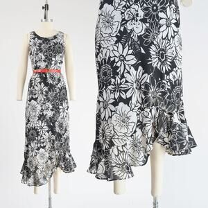 Vintage 90s Black and White Floral High Low Ruffle Maxi Party Dress Deadstock M